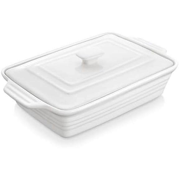 Casserole Dish for Oven, 4.4 Qt Porcelain Baking Dish with Lid, 9x13 Baking Pan with Handles, Large Lasagna Pan Deep, Rectangular Bakeware, Microwave Safe, White, Series BAKE