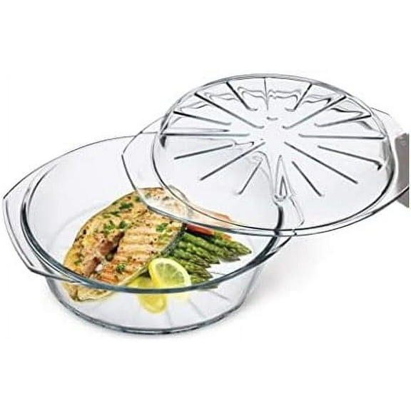 Casserole Dish For Oven, Glass Baking Dish With Lid, Ridged Design for Low Fat Cooking, Microwave, Oven, and Dishwasher Safe Cookware, Borosilicate Glassware, 2.6 Qt. Round Baking Dish