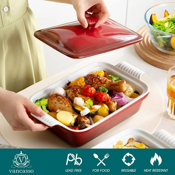 Casserole Dish With Lid, 12x7 Lasagna Pan Deep with Lid, 1.9 Quart baking dish with lid Ceramic Casserole Dish Set, Oven, Microwave Safe, Red