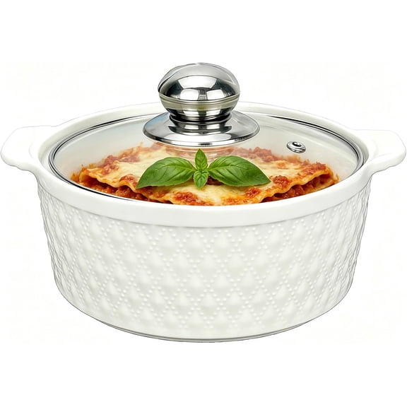 Casserole Dish with Lid, Ceramic Casserole Dish for Oven, 1.25 Quart White Small Casserole Dish with Lid, Emboss 8 Mini Cocotte with Lid