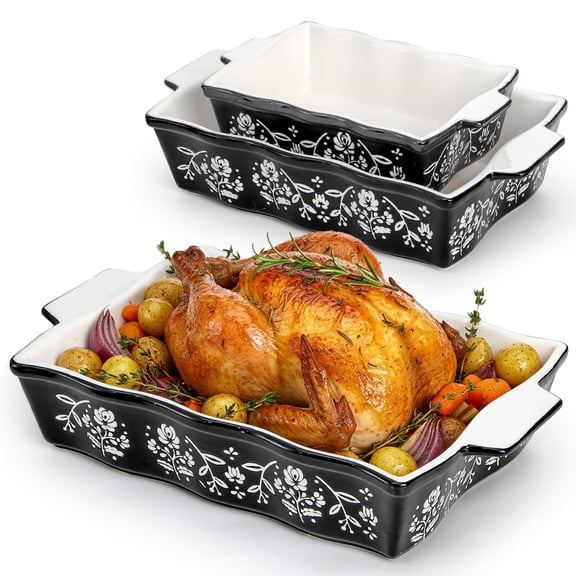 Casserole Dishes For Oven Ceramic Baking With Handles Bakeware Set Of 3 Rectangular Lasagna Pan Deep Cake Kitchen Black (9"/12.3"/13.9")