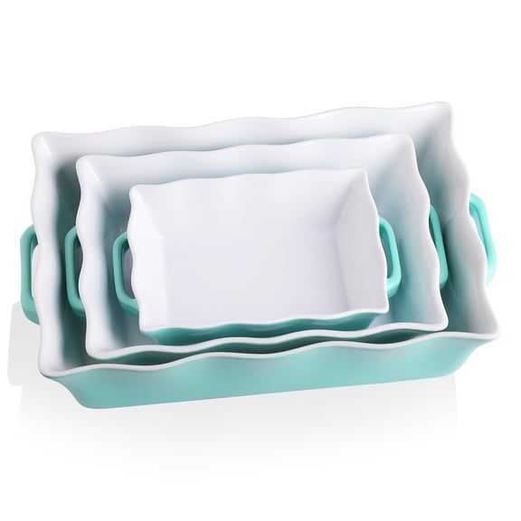 Casserole Dishes For Oven Ceramic Bakeware Set Of 3 Rectangular Baking Dish With Handles Wave Edge Lasagna Pan Deep Cooking Cake Dinner Banquet And Daily Use (turquoise)