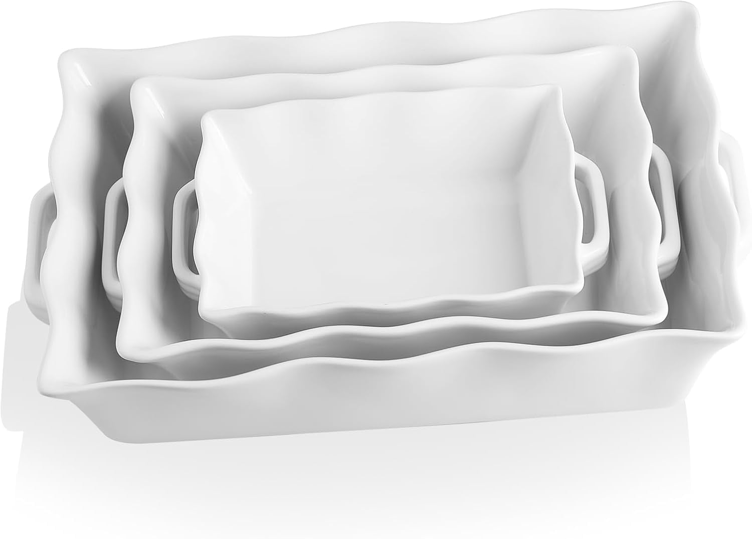 Casserole Dishes for Oven, Ceramic Bakeware Set of 3, Rectangular Baking dish with Handles, Wave Edge Lasagna Pan Deep Cooking, Cake, Dinner, Banquet and Daily Use (White)