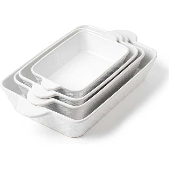 Casserole Dishes for Oven - Ceramic Bakeware Sets of 4, Rectangular Baking Deep Dishes with Handles, Lasagna Pans for Kitchen Cooking & Wedding Gift, Embossed