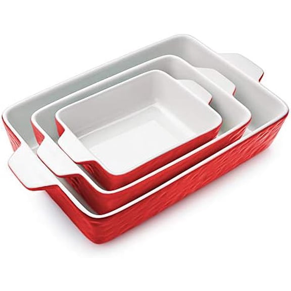 Casserole Dishes for Oven, Ceramic Baking Dishes, Lasagna Pan with Handles, Porcelain Baking Pan Deep, Bakeware for Baking, Cooking, Wedding Gift, Set of 3 (11.6" x 7.8", Red)