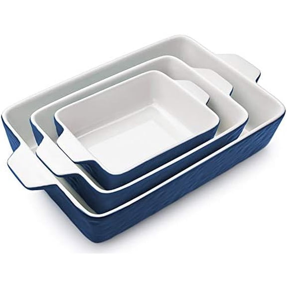 Casserole Dishes for Oven, Ceramic Baking Dishes, Lasagna Pan with Handles, Porcelain Baking Pan Deep, Bakeware for Baking, Cooking, Wedding Gift, Set of 3 (11.6" x 7.8", Dark Blue)