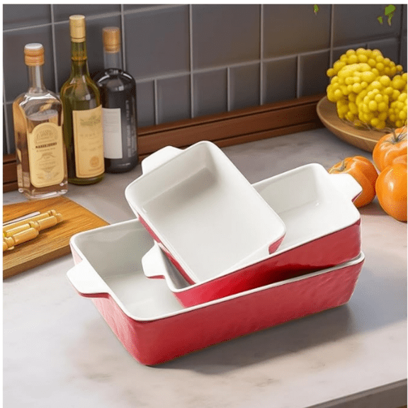 Casserole Dishes for Oven, Ceramic Baking Dishes, Lasagna Pan with Handles, Porcelain Baking Pan Deep, Bakeware for Baking, Cooking, Wedding Gift, Set of 3 (11.6" x 7.8", Red)