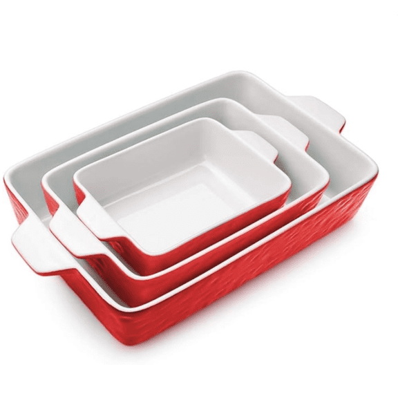 Casserole Dishes for Oven, Ceramic Baking Dishes, Lasagna Pan with Handles, Porcelain Baking Pan Deep, Bakeware for Baking, Cooking, Wedding Gift, Set of 3 (11.6" x 7.8", Red)