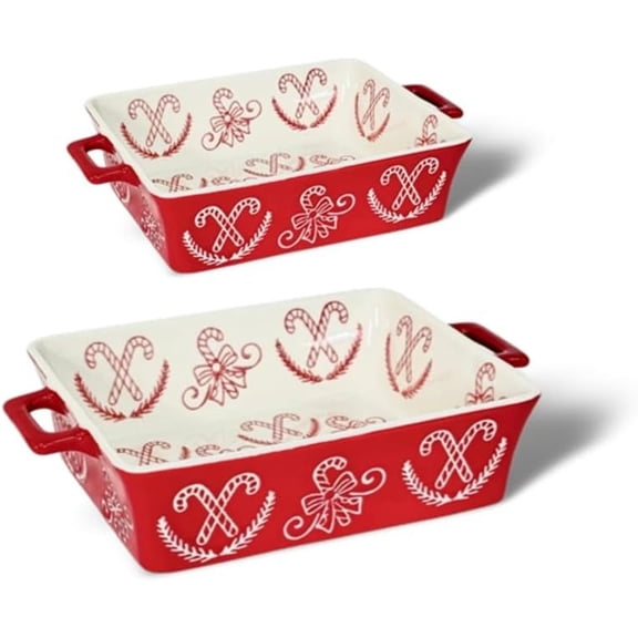 Casserole Dishes for Oven, Ceramic Baking Dishes for Oven Set of 2, Lasagna Pan Deep, Baking Pan Set Square Casserole Dish Set with Handles for Baking,  Red(11.4+8.5inch) Christmas