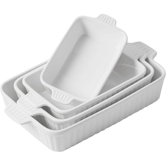 Casserole Dishes for Oven, Ceramic Baking Dishes, Porcelain Bakeware Set of 4, Rectangular Baking Pan, White Deep Lasagna Pan with Handle for Cooking, Roasting, Cake, 15.3"/12.8"/11.6"/9.8"