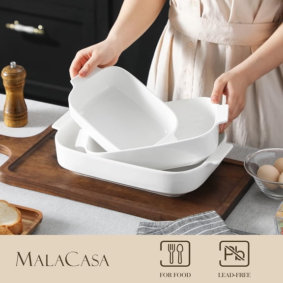 Casserole Dishes for Oven, Ceramic Baking Dishes Set of 3, Rectangular Lasagna Pan Deep Baking Pans, Bakeware Sets with Handles Gift Set, White (13.8''/11.7''/9.4''), Series BAKE