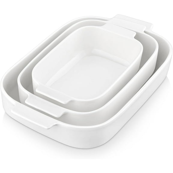 Casserole Dishes for Oven, Ceramic Baking Dishes Set of 3, Rectangular Lasagna Pan Deep Baking Pans, Bakeware Sets with Handles Gift Set, White (13.8''/11.7''/9.4''), Series BAKE