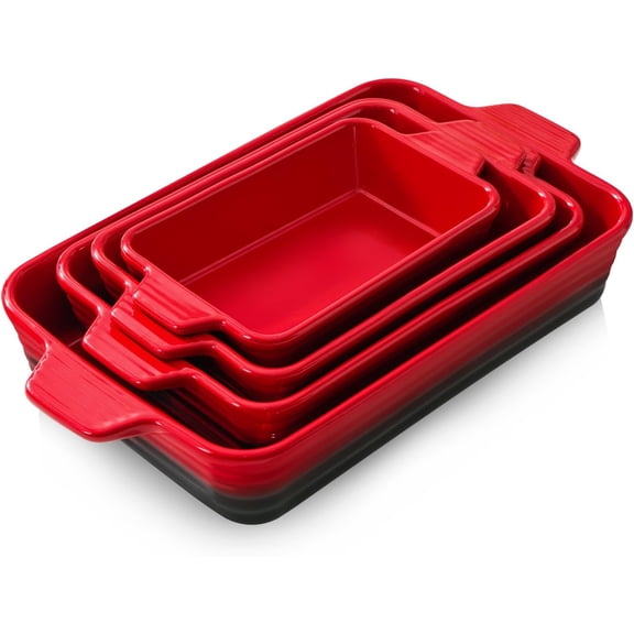 Casserole Dishes For Oven, Heat-Resistant Ceramic Bakeware Set Of 4 Rectangular Baking Dish Set With Handles For Lasagna, Cake, Pie, Dinner, Cooking, Ceramic Baking Dish, Red (9.4"/11.1"/12.2"/14.7")