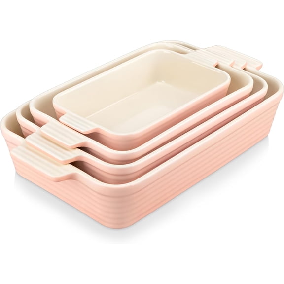 Porcelain Casserole Dish Set of 4 for Oven – Rectangular Lasagna Pans with Handles, Deep Bakeware, Pink (15''/13''/11.6''/9.6''), Oven & Microwave Safe