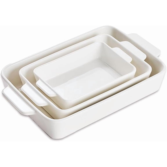Casserole Dishes For Oven, Porcelain Baking Dishes Set 15.7"/12.3"/9.4", Ceramic Bakeware for Cooking, Large Lasagna Pans with Handle, Deep Baking Pan for Kitchen, Set of 3 White