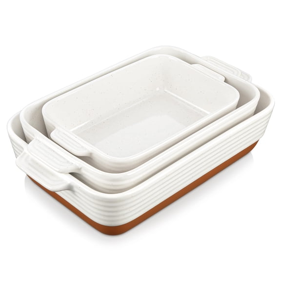 Casserole Dishes for Oven with Roasting Racks, Ceramic Baking Dishes Set of 3, Baking Pan Casserole Dish Set, Rectangular Lasagna Pan Deep with Handles for Baking, Khaki White (14.5''/13''/10.5''),