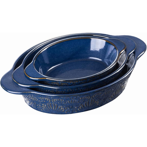 Casserole Dishes for Oven Sets of 3, Ceramic Oval Baking Dish, Au Gratin Baking Pans with Handles for Roasting, Lasagna, Pie, Baking Meat & Vegetables (Blue)