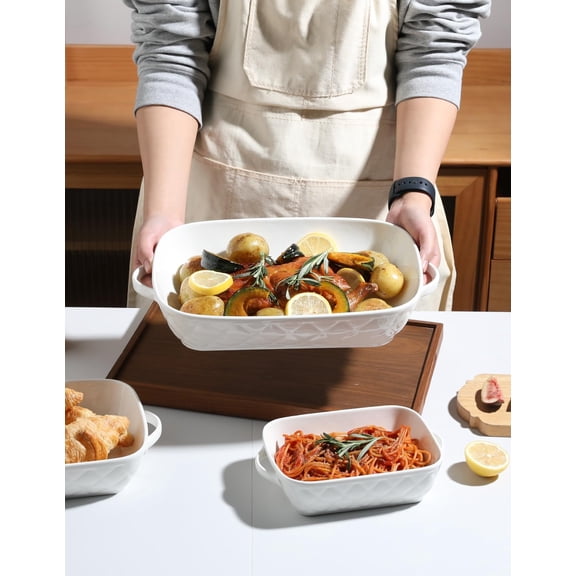 Casserole Dishes for Oven, Baking Dish Set of 3,Ceramic Bakeware Set, Rectangular Baking Pan for Cooking,Kitchen,Banquet,12.2x9.2x2.5 Inches (White)