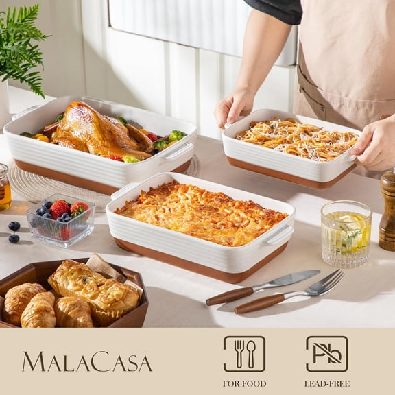 Casserole Dishes for Oven, Ceramic Baking Dishes Set of 3, Rectangular Lasagna Pan Deep with Handles, Khaki White (14.5''/13''/10.5''), Series TARA