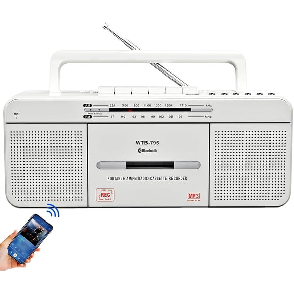 Cassette Player Boombox, Portable AM/FM Radio Stereo with Bluetooth, USB, Dual Big Speaker, Earphone Jack, Record to Cassettes/USB via Mic,Cassette MP3 Converter,AC/DC Powered