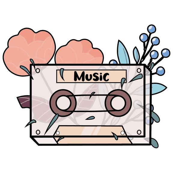 Cassette Tape with Aesthetic and Retro Design with the word Music for Living Room Vinyl Wall Decal - Beautiful and Unique Creative Art of Music with Flowers in the Background for Relaxing Bedroom Wall