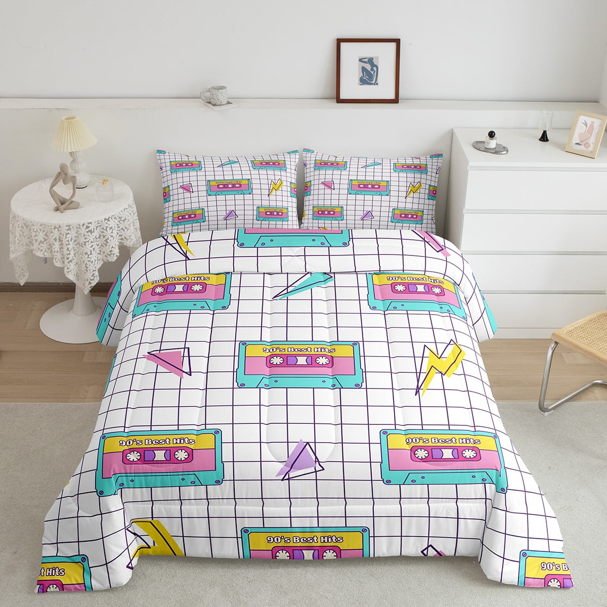 Cassette Tape Duvet Insert King Vintage 80S 90S Memphis Bedding Set Pink Purple Blue Yellow