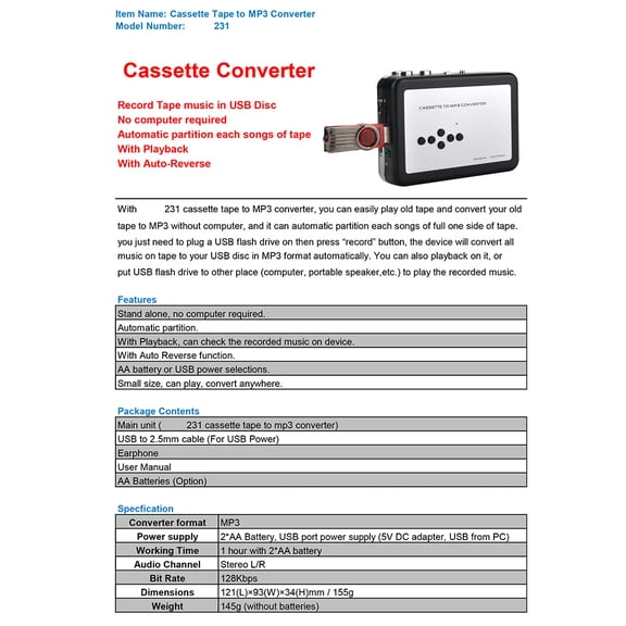 Cassette Tape Player Record Tape to MP3 Digital Converter USB Cassette Capture for Laptops and Computers
