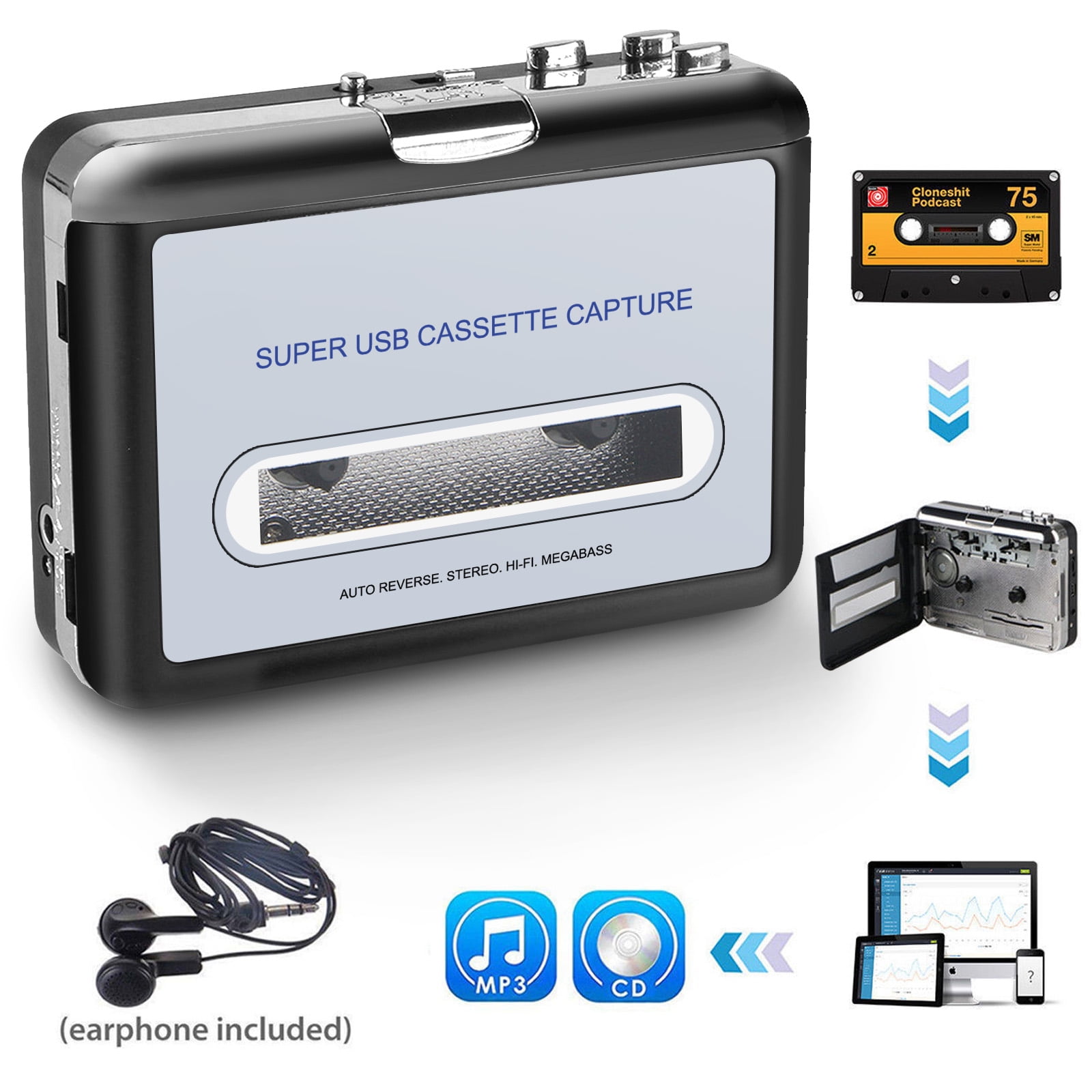 Cassette Tape to MP3 Converter, EEEkit Portable Cassette Player Recorder  with 3.5mm Jack, USB Audio Music Walkman
