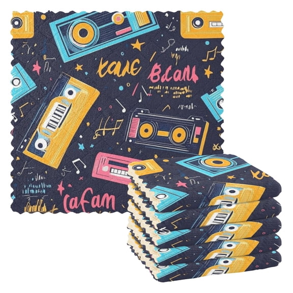 Cassette Tapes Pattern Design 6 Pack Kitchen Cleaning Cloths 11'' x 11'', Super Absorbent, Soft Double Layer Plush for Dish and Surface Cleaning