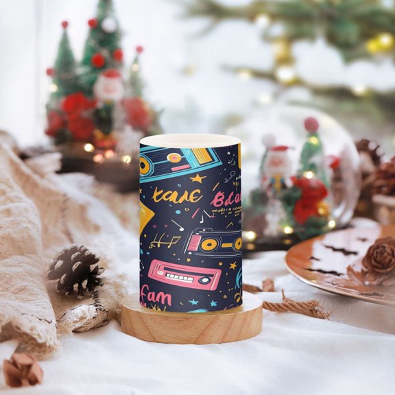 Cassette Tapes Pattern Design Set of 2 Flameless LED Candles Remote and Timer Indoor Outdoor