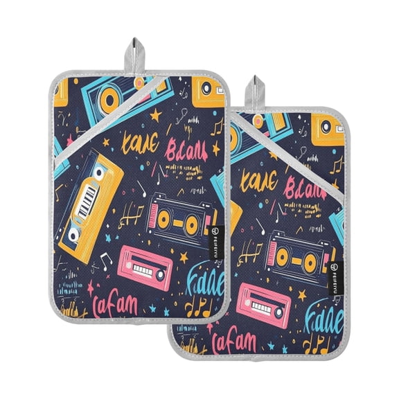 Cassette Tapes Pattern Design Set of 2 Heat-Resistant Quilted Pads, Silver Polyester, 7" x 9.8"