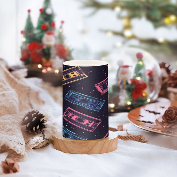 Cassette Tapes Pattern Set of 2 Flameless LED Candles Remote and Timer Indoor Outdoor