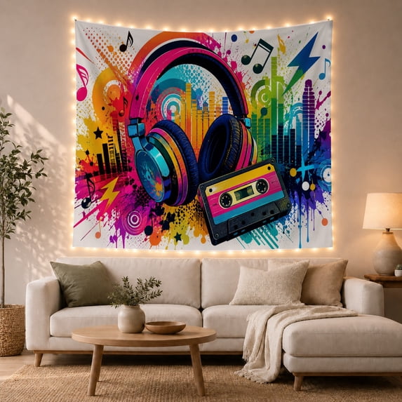 Cassette Within Colorful Headphones and Equalizer Bars, Nostalgic Retro for Music Lovers, Audio Decor, Graduation Gift, Tapestry Wall Hanging for Dorm and Gaming Room
