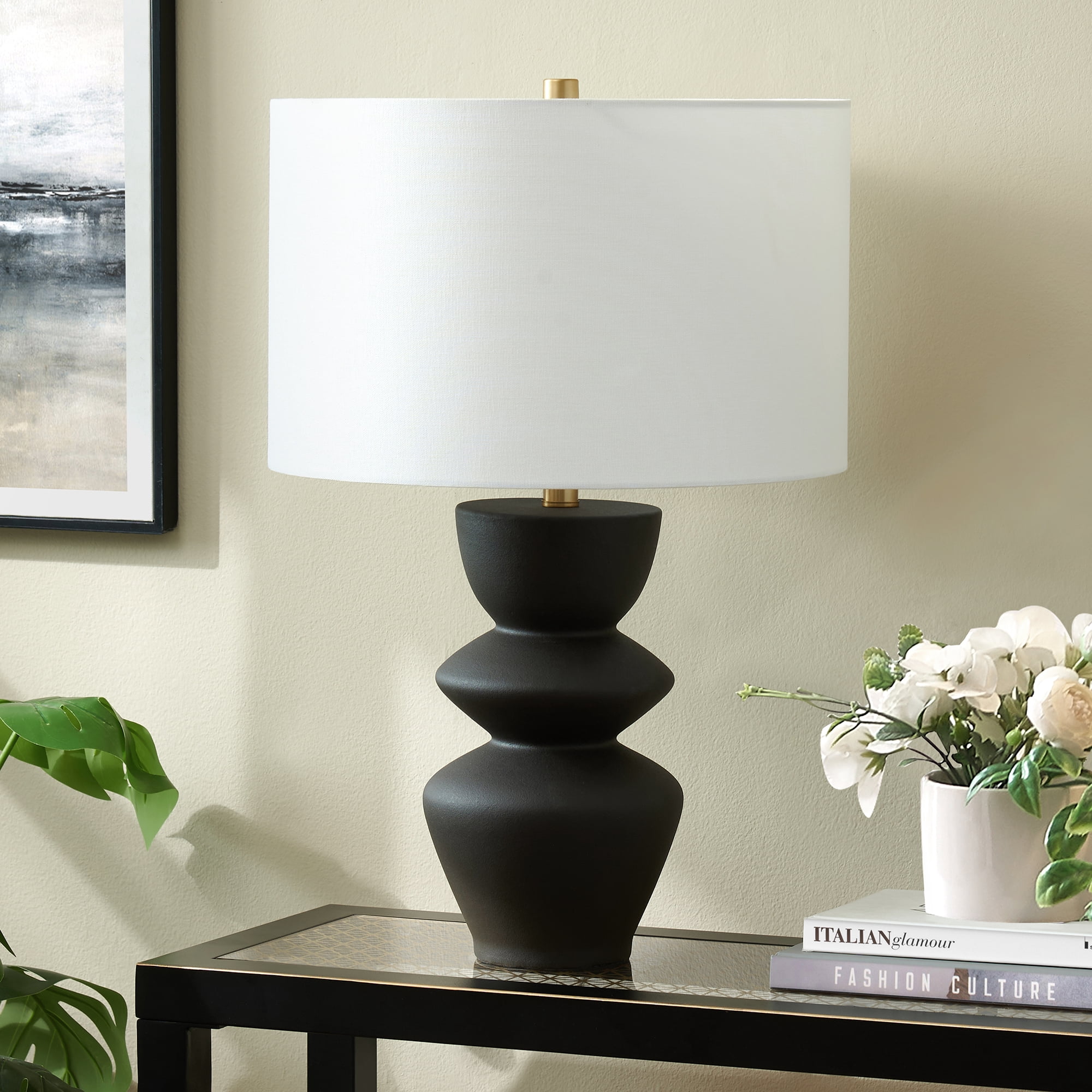 Cassian 25" Tall Table Lamp with Fabric Shade in Matte Black/Brass/White