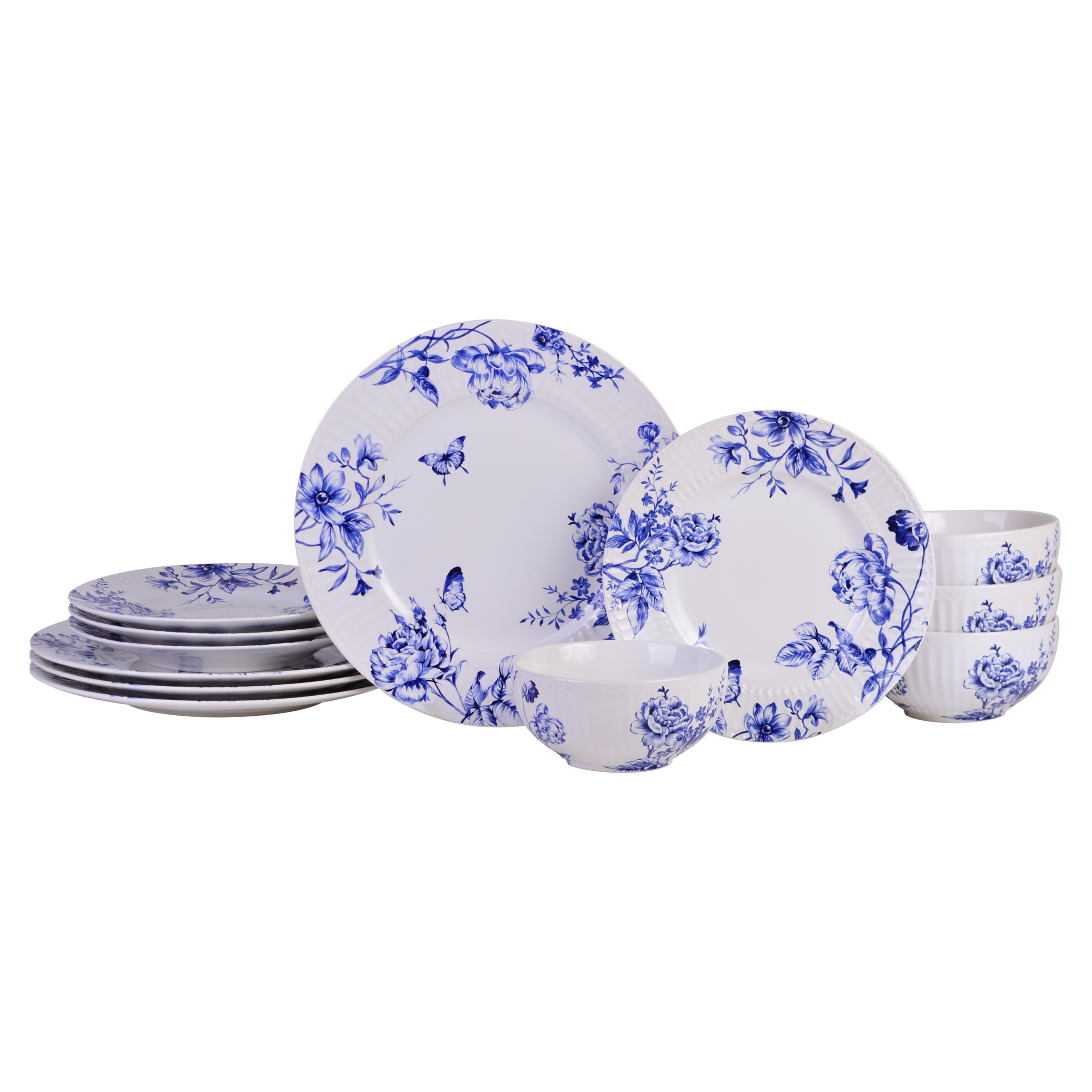 Cassian Blue Floral Embossed Porcelain 12-Piece Dinnerware Set