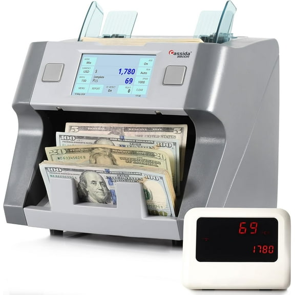 Cassida 8800R V2 USA Premium Bank-Grade Mixed Denomination Money Counter Machine, Advanced Counterfeit Detection, Multi-Currency, 3-Year Warranty, Includes External Display, Printing Enabled