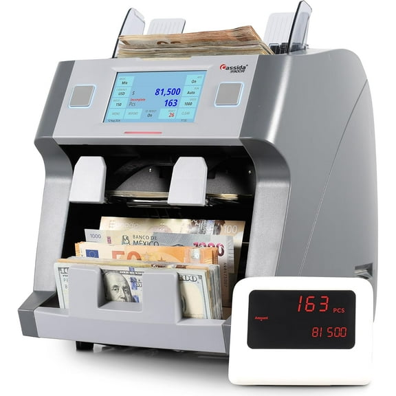 Cassida 9900R V2 2-Pocket Premium Bank Grade Money Counter Machine Mixed Denomination, Bill Sorter, Value Counting, Printer Enabled, 2 CIS, UV/MG, IR/IT Counterfeit Detection with Built-in Printer