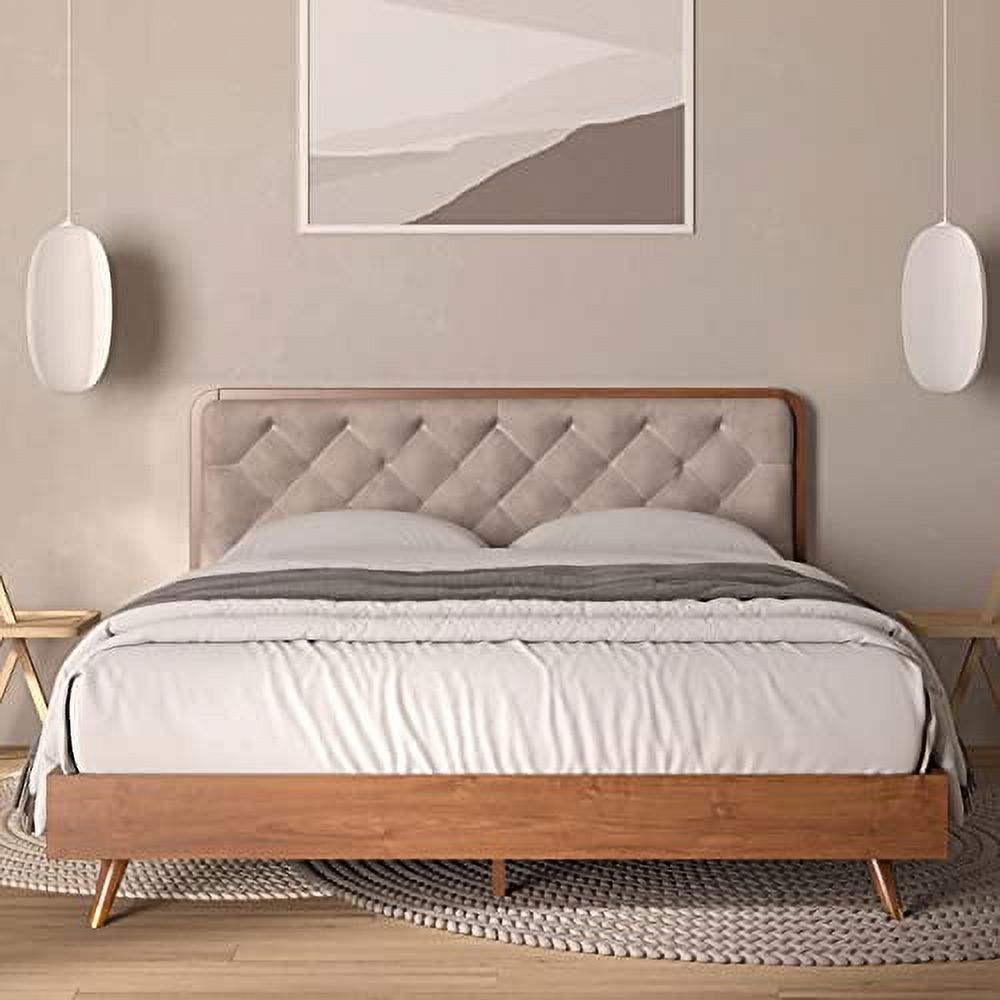 Cassidy Modern Queen Bed Frame Grey Faux Velvet Fabric Upholstered