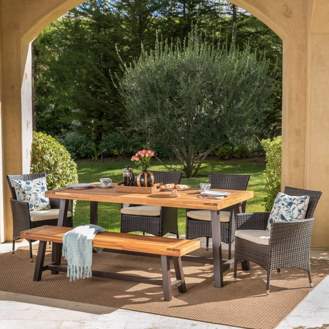 Cassidy Outdoor 6 Piece Iron and Acacia Wood Dining Set with Wicker