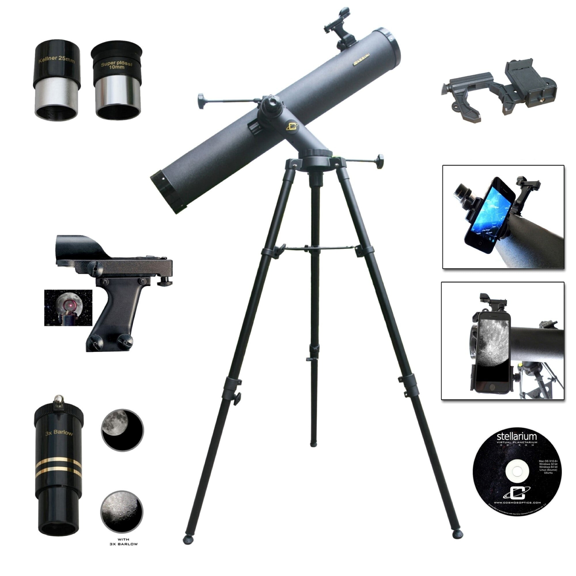 Cassini 1000mm x 120mm Reflector Telescopes w/ Smartphone Adapter, Black, SS-100