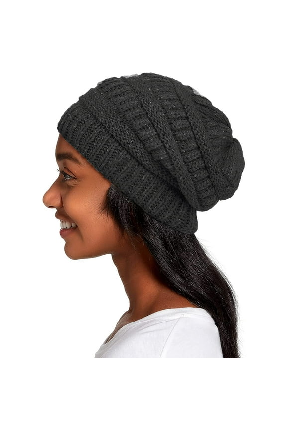 Womens Satin Lined Winter Beanie Hats Skull Cap Slouchy Hat Silk Lining Thick Chunky Cap Knit Beanie Hats, Black