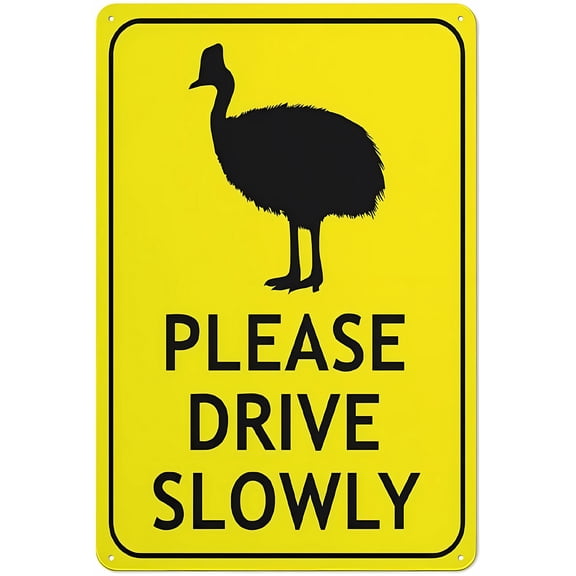 Cassowary Please Drive Slowly Sign, 8"x12" Bright Yellow Aluminum Metal Sign, Pre-Drilled Holes Easy-Mount Sign for Indoor Outdoor Fence Door Gate