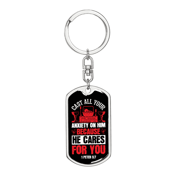 Cast All Anxiety 1 Peter 5:7 Stainless Steel or 18k Gold Premium Swivel Dog Tag Keychain