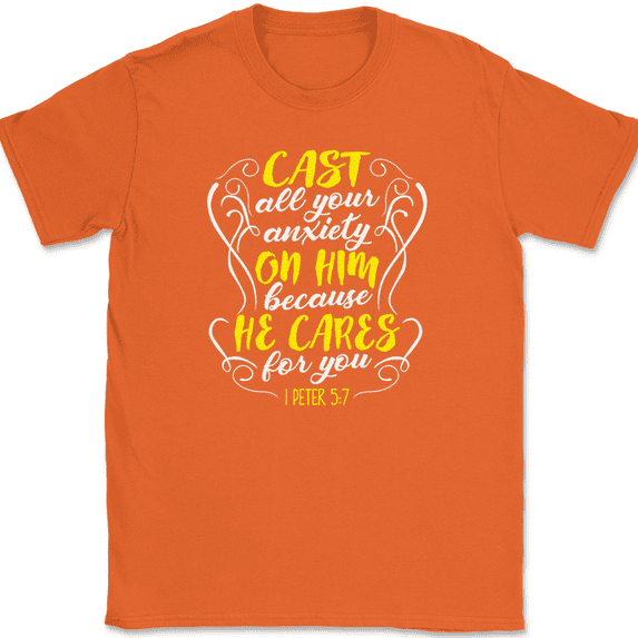 Cast All Your Anxiety On Him T-Shirt Christian Worship Praise Jesus Bible Tee - Orange, 5XL
