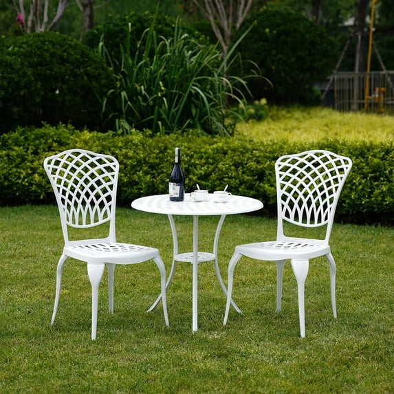 Cast Aluminum Bistro Set 3 Piece Outdoor, Patio Bistro Set White, Patio Conversation Table with 2 Piece Chairs, Bistro Table and Chairs Set of 2 for Garden Porch Porch,1.97" Umbrella Hole,