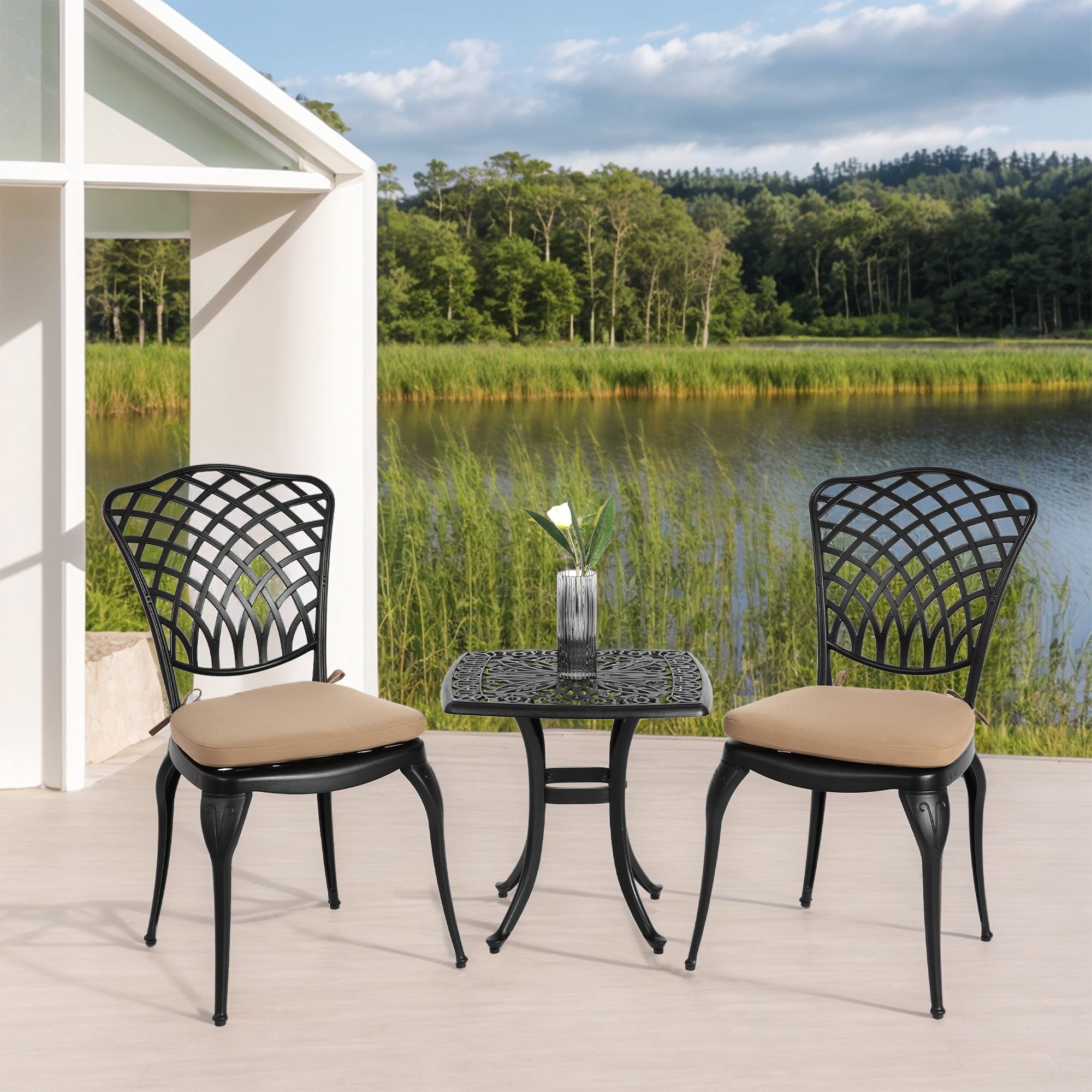 Cast Aluminum Bistro Set of 3 with Cushions, 2 Chairs and 1 Round Table for Patio and Balcony, Black