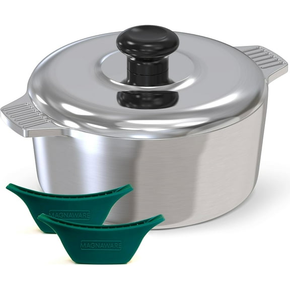 Cast Aluminum Dutch Oven with Lid - 3 Quart Lightweight Cookware Pot with Silicone Covers for Easy Handling - Even Heat Distribution & Retention - For Bread Baking, Stew, Simmering & More