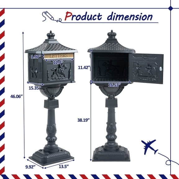 Cast Aluminum Lockable Mailbox with Retro Mid-Century Style - Black Postal Box for Yard, 16.53x16.53x46.06 Inch Outdoor Mail Box