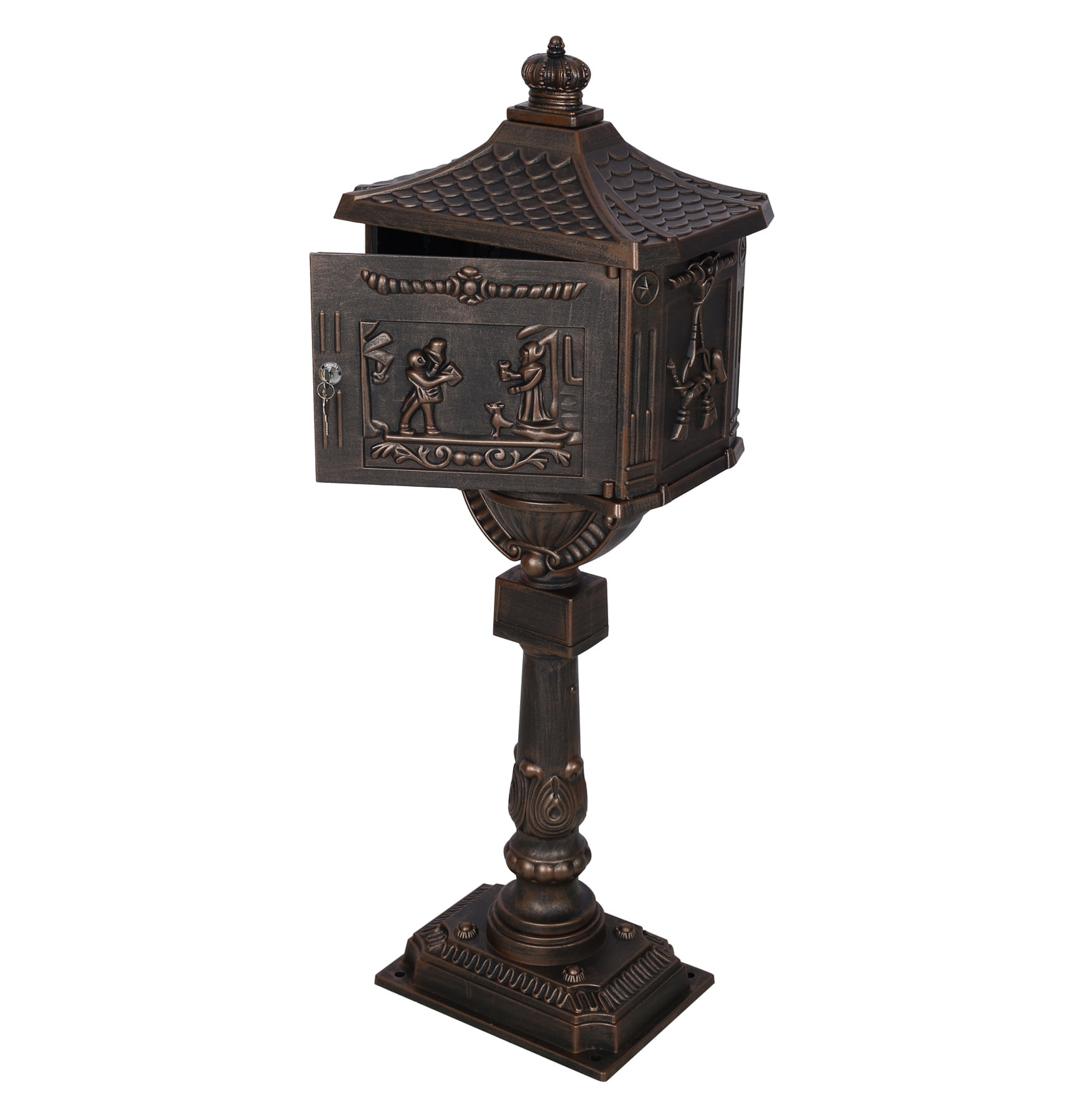 Cast Aluminum Mailbox - Bronze Postal Box with Lock & Keys - Large, Heavy Duty, 45.5" Tall