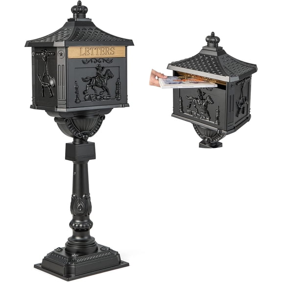 Cast Aluminum Mailbox with Post - Locking Residential Mailbox for Outside with Keys, Baffle Door, Expansion Bolts, Address Panel, In-Ground Rust-Proof Large Security Postal Mailbox (Black)